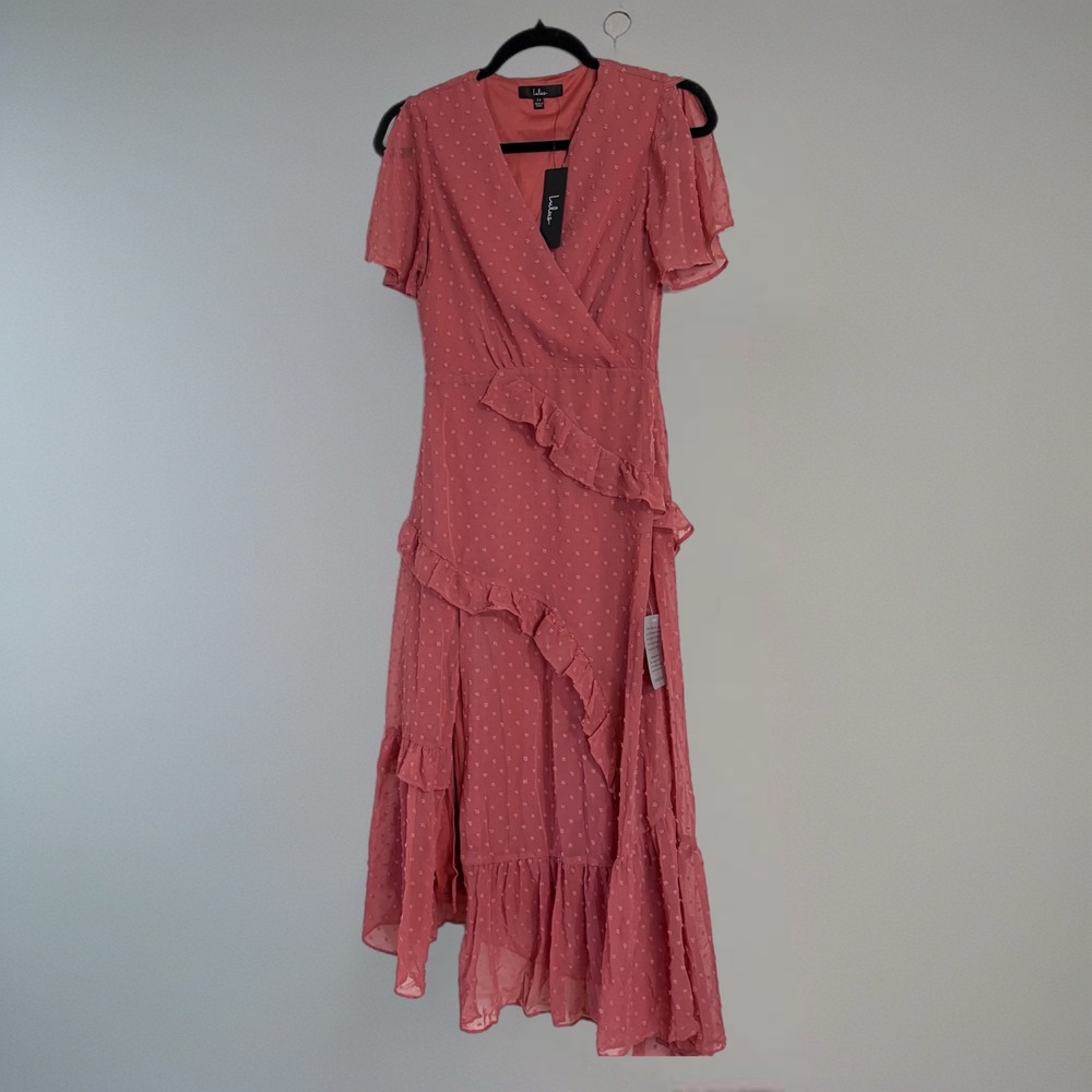 Lulus Swiss Dot Ruffle Midi Dress Women XS Rose Pink NEW Faux Wrap V-Neck Slit - Picture 3 of 9